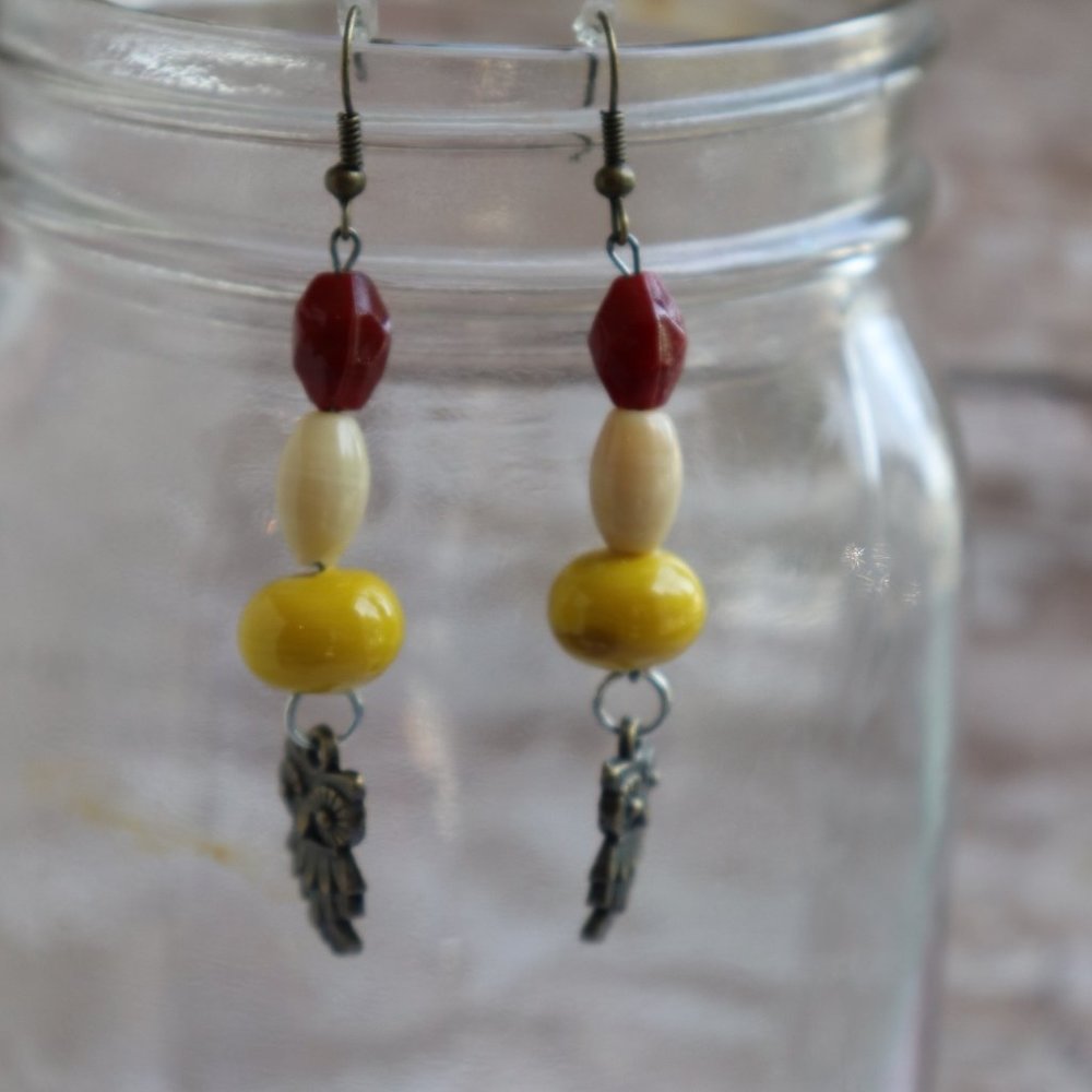 Owls/earrings/handmade/red/yellow/cream